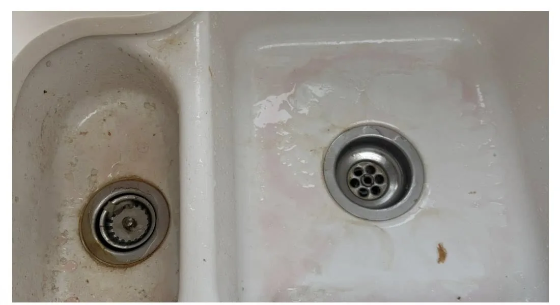 Kitchen sink with limescale and grime before deep clean by True Grit Cleaning Co