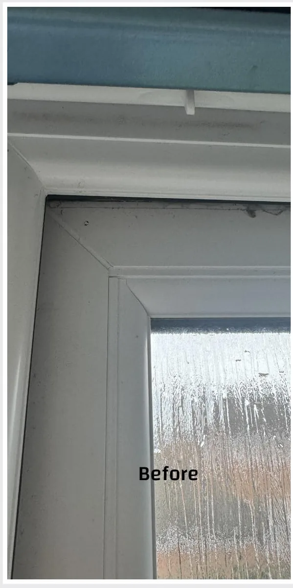 Dirty uPVC window frame with cobwebs and grime before deep clean by True Grit Cleaning Co