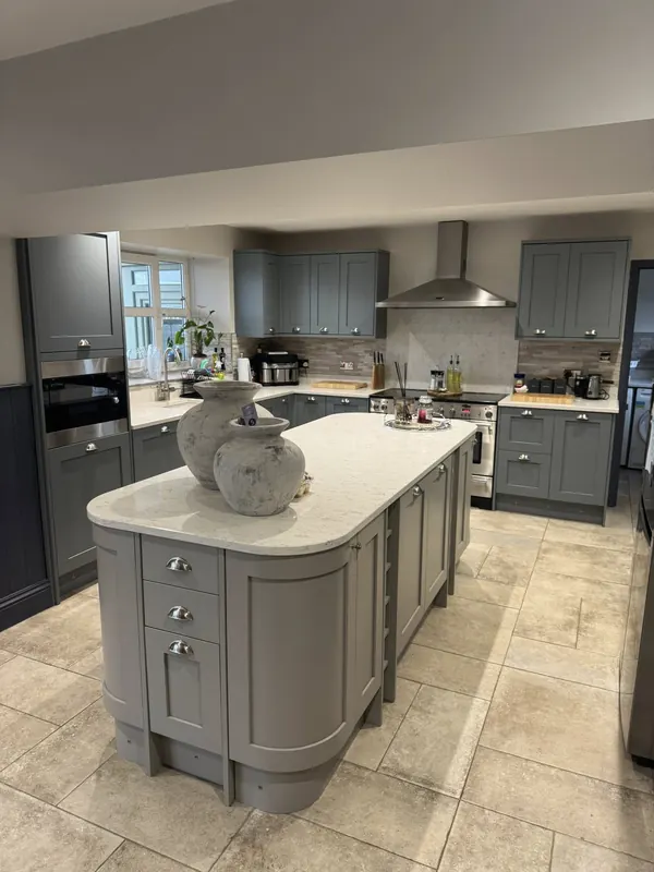 Large grey shaker kitchen with marble-topped island after a True Grit deep clean in North Yorkshire